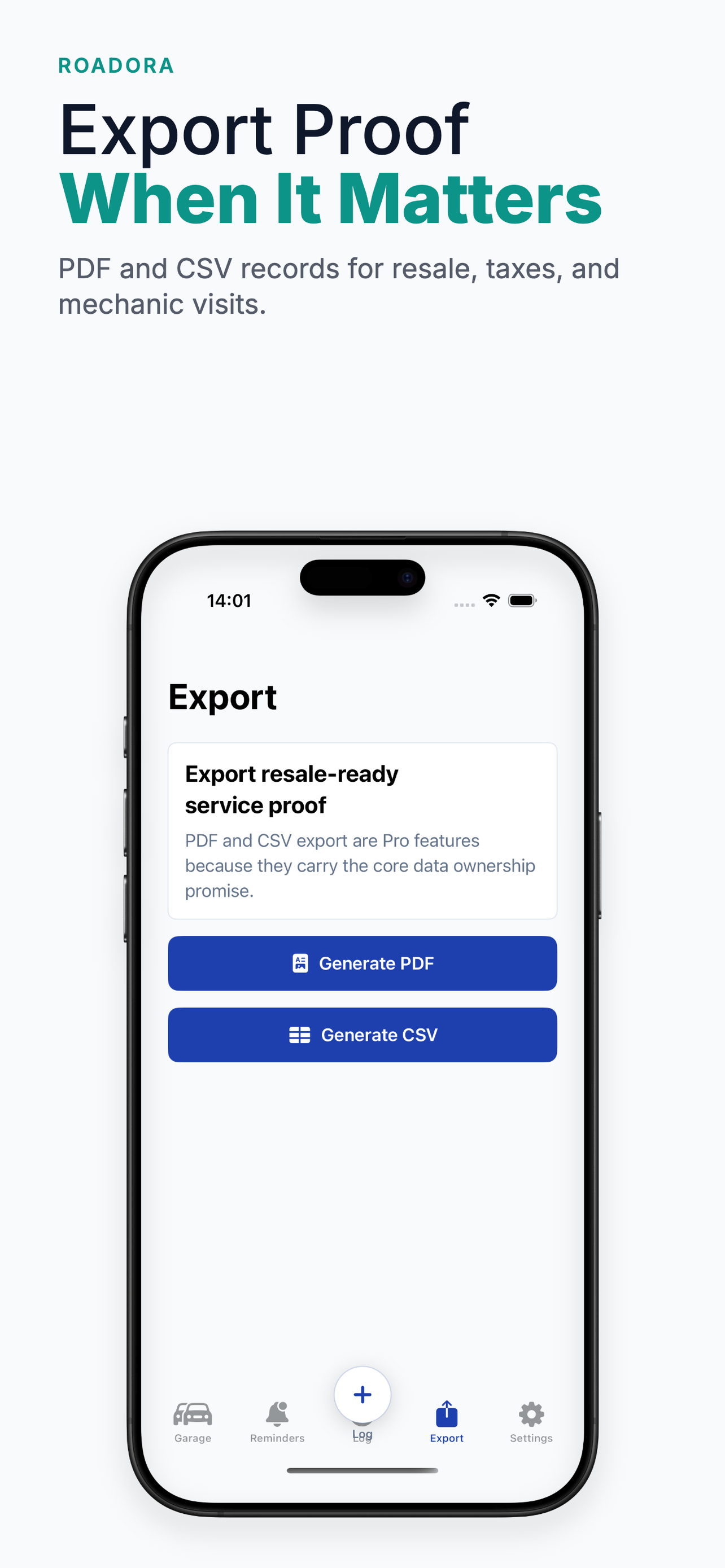 Exporting full vehicle maintenance history as PDF or CSV in Roadora