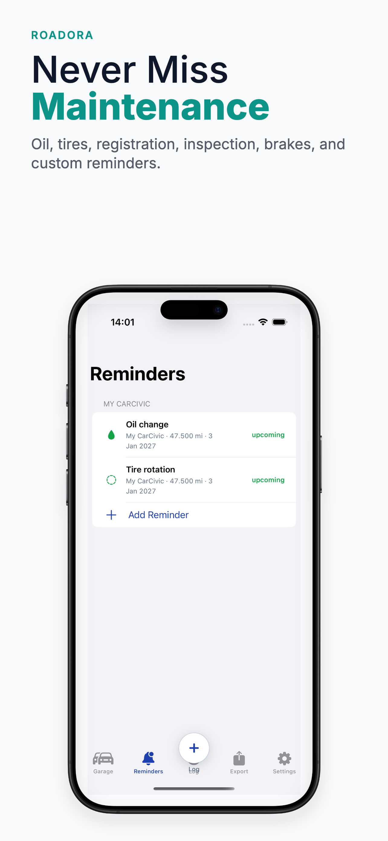 Roadora reminders dashboard showing upcoming and overdue oil change, tire rotation, and registration